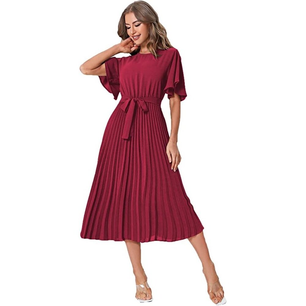 Milumia Women's Elegant Belted Pleated Flounce Sleeve Long Dress Ladies Size L